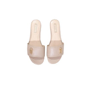 Beige leather slide sandals with gold tone circular logo accents from liu jo women leather slippers spring shoes collection