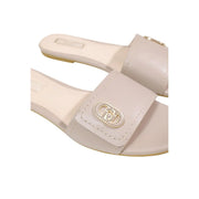 Liu Jo women leather slippers beige slide sandals with gold-toned logo buckle for spring wear
