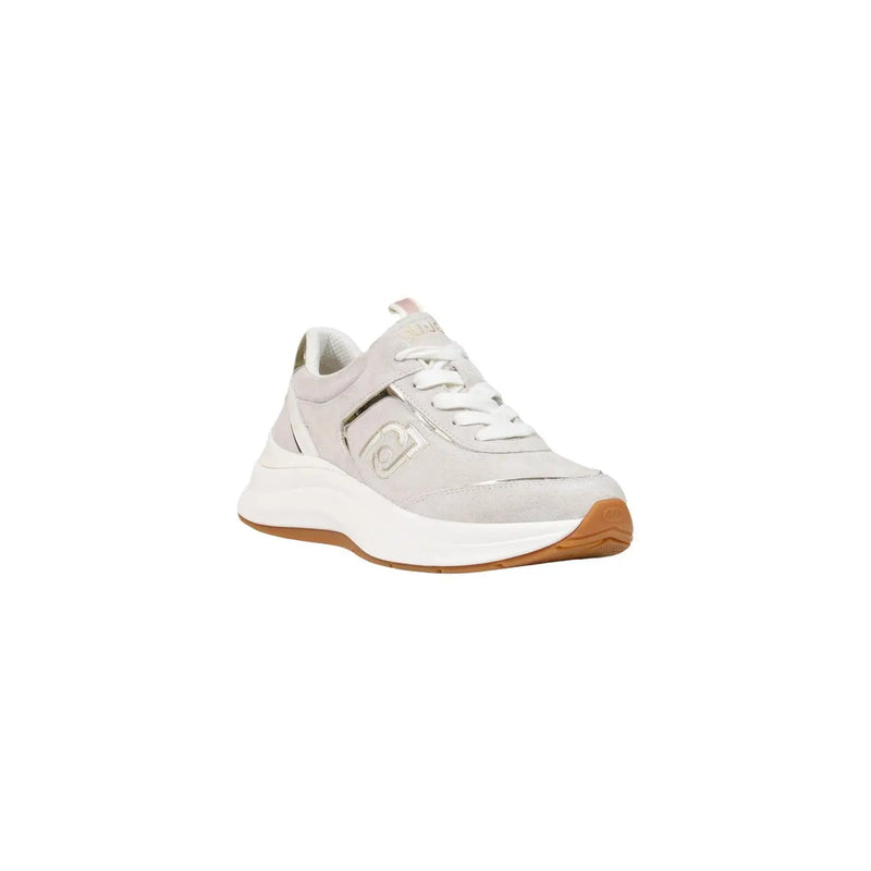 Liu Jo women leather sneakers white slip with light gray suede, white laces, tan rubber sole, and metallic logo on side