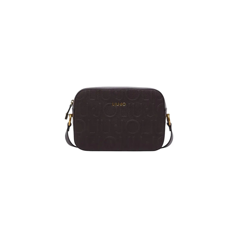 Dark brown Liu Jo crossbody bag with embossed logo pattern and gold-tone hardware, polyurethane, 24cm size
