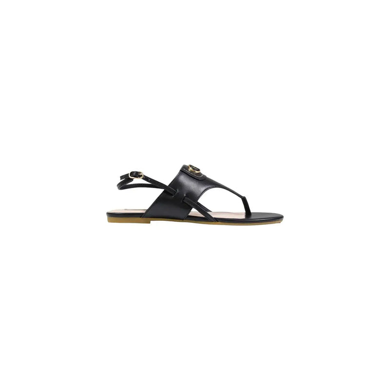 Black leather Liu Jo women sandals with ankle strap featuring a gold-tone Gucci logo thong buckle