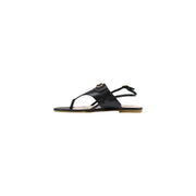 Liu Jo women black leather thong sandal with gold-tone buckle detail and ankle strap for stylish wear