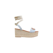 Liu jo women light blue suede espadrille wedge sandal with woven jute sole and adjustable ankle strap