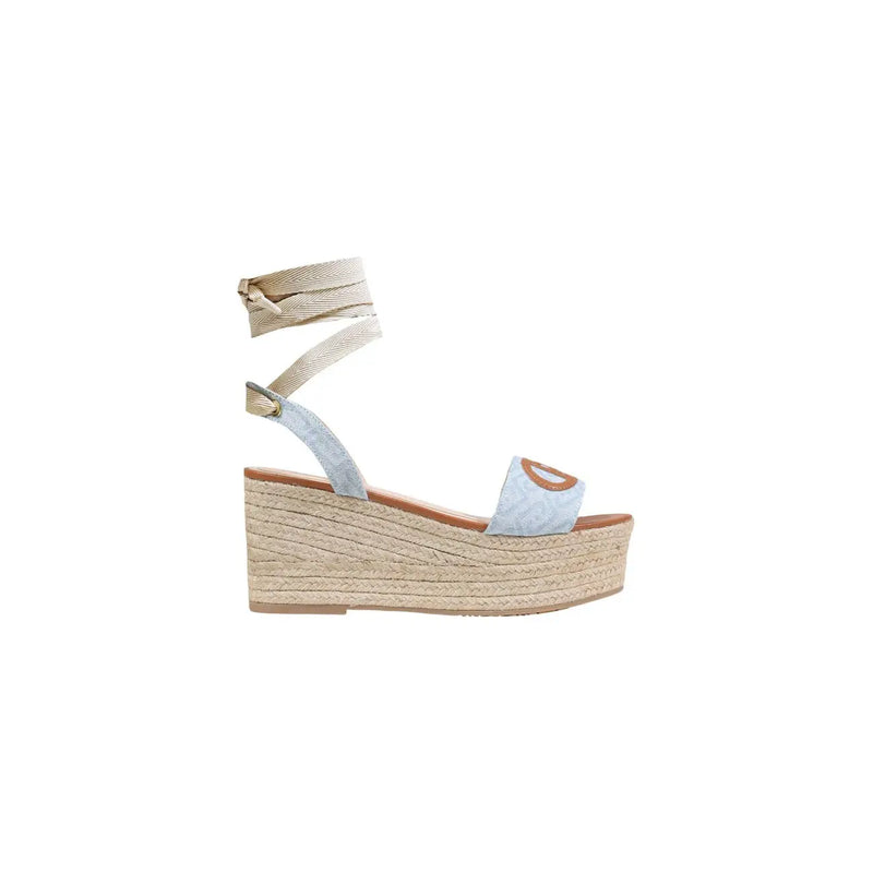 Liu jo women light blue suede espadrille wedge sandal with woven jute sole and adjustable ankle strap