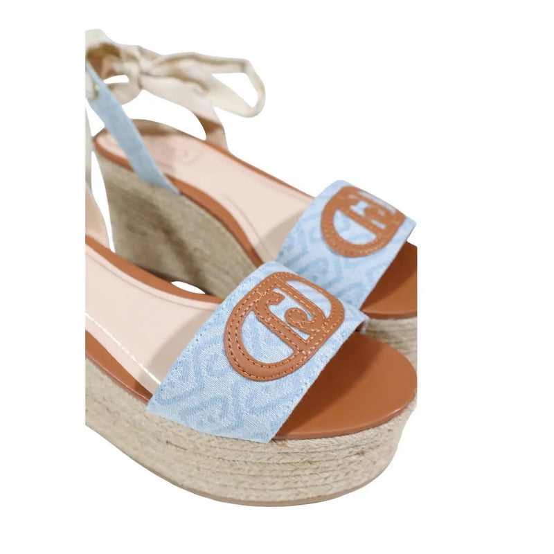 Liu jo women sandals light blue woven polyester with tan leather logo and braided espadrille wedge heel