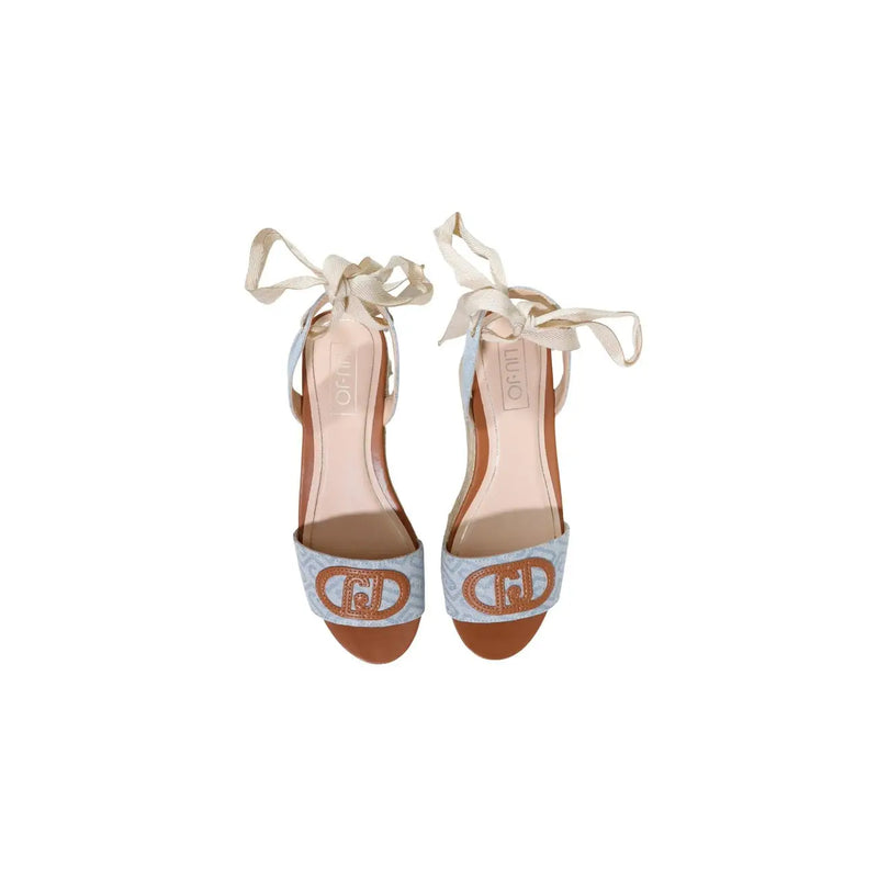 Liu Jo women light blue woven polyester sandals with tan leather accents and gold-toned logo platform open toe design