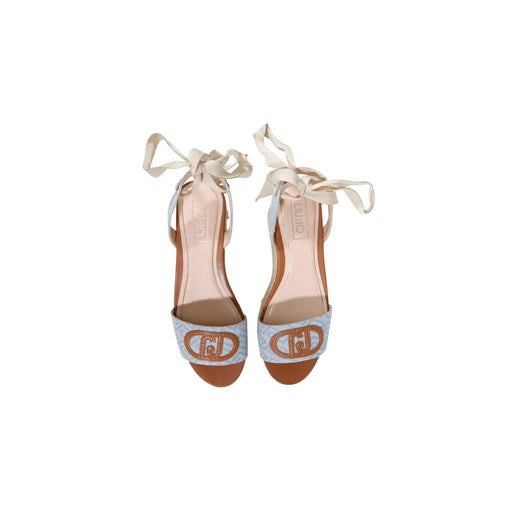 Liu Jo Hellblaue Damen-Sandalen aus gewebtem Polyester mit hellbraunen Lederakzenten und goldfarbenem Logo-Plateau-Design mit offener Zehenpartie