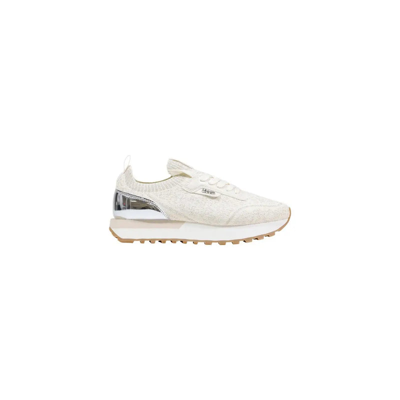 Cream-colored knit Liu Jo women sneakers with metallic silver heel tab and white rubber sole made of polyester