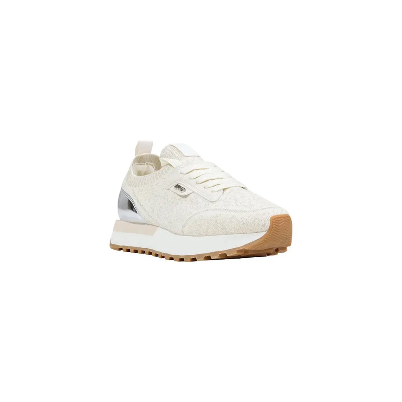 Liu Jo women sneakers beige polyester cream lace-up with textured upper silver metallic heel tab tan rubber sole