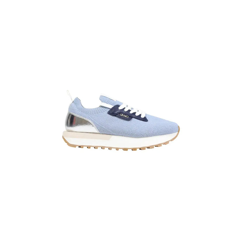 Liu jo women sneakers in light blue knit with navy suede overlay and metallic silver heel tab for casual wear
