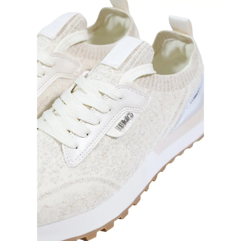 Liu Jo women sneakers beige polyester sport shoes with white knit glittery texture and metallic logo detail