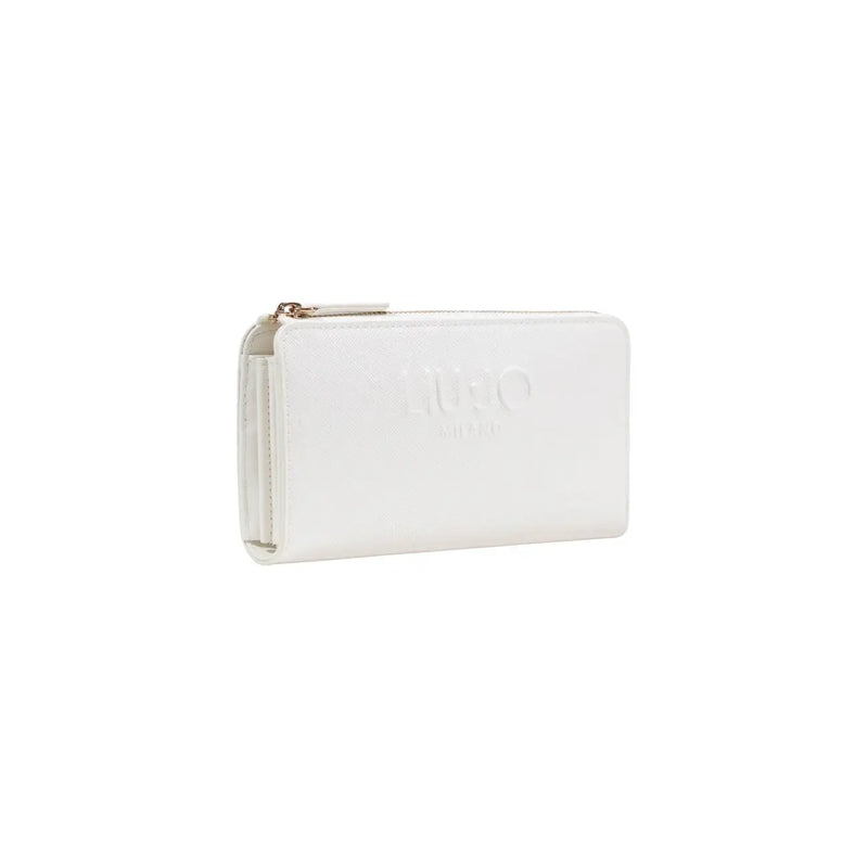 Liu Jo Beigefarbene Damengeldbörse aus weißem, genarbtem Leder mit goldfarbenem Reißverschluss und geprägtem Logo, 19,5 x 10 x 2 cm