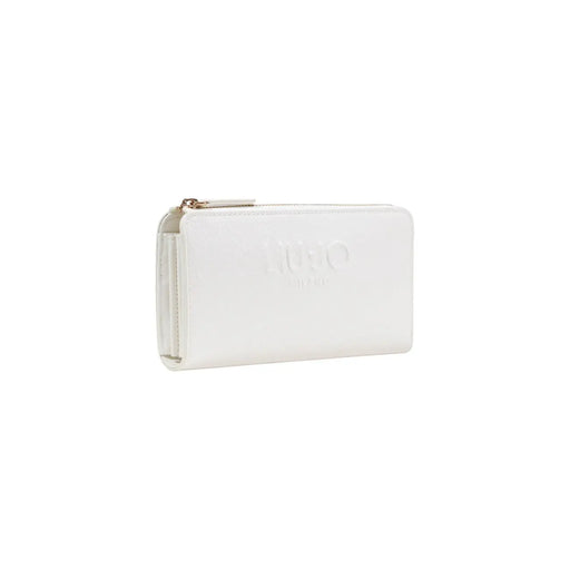 Liu Jo Beigefarbene Damengeldbörse aus weißem, genarbtem Leder mit goldfarbenem Reißverschluss und geprägtem Logo, 19,5 x 10 x 2 cm