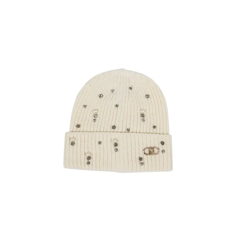 Cream-colored ribbed knit beanie with silver rhinestones and metallic logo plaque on cuff by liu jo women white cap rhinestones
