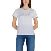 White liu jo women cotton t shirt with round neck featuring a sparkling rhinestone logo on the chest