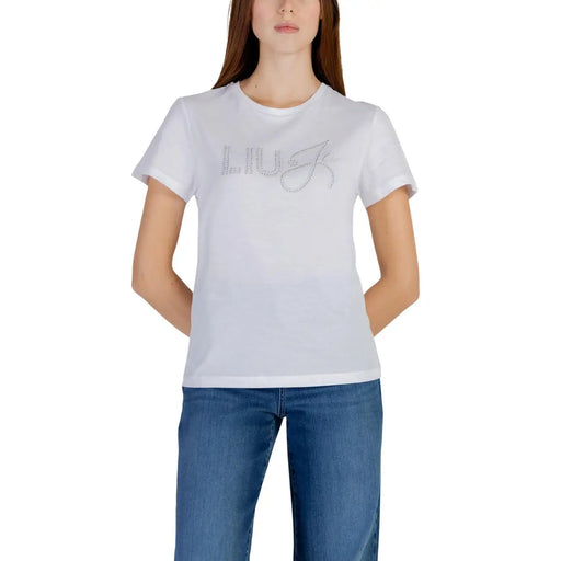 Weißes Liu Jo Damen-Baumwoll-T-Shirt mit Rundhalsausschnitt und funkelndem Strass-Logo auf der Brust