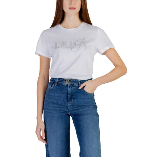 Weißes Liu Jo Damen-Baumwoll-T-Shirt mit Rundhalsausschnitt und funkelndem Strass-Schriftzug auf der Brust