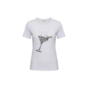 Liu Jo women white cotton round neck short t shirt with black martini glass graphic and glittering liquid splash design