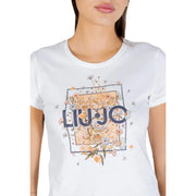 Liu Jo women white cotton short sleeve t shirt with floral graphic and navy blue logo round neck design
