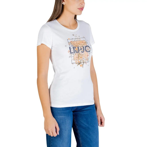 Weißes, kurzes Baumwoll-T-Shirt mit Rundhalsausschnitt für Damen von Liu Jo mit dunkelblauem Logo und floralem Grafikprint auf der Vorderseite