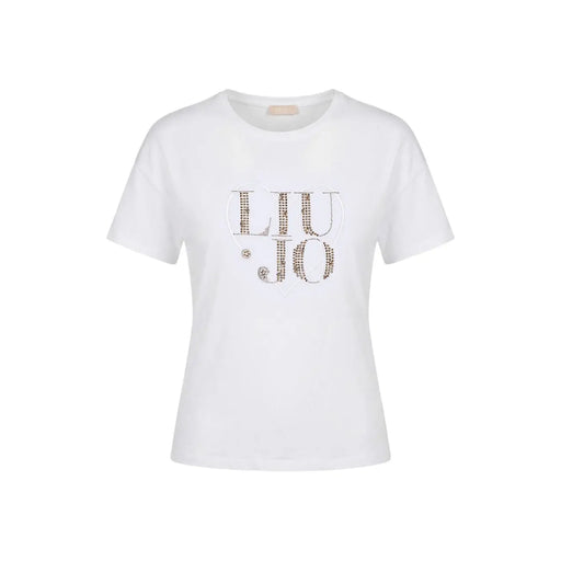 Weißes Liu Jo Baumwoll-T-Shirt mit Rundhalsausschnitt und funkelndem, mit Strasssteinen verziertem Liu Jo Logo auf der Brust