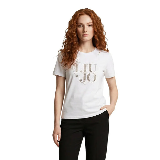 Liu Jo Weißes, kurzes Baumwoll-T-Shirt für Damen mit Rundhalsausschnitt und funkelndem Strass-Logo auf der Brust