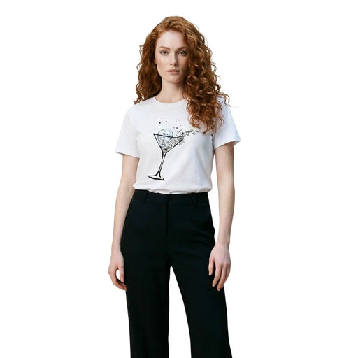 Liu Jo Weißes, kurzes Damen-T-Shirt aus Baumwolle mit Rundhalsausschnitt, schwarzem Martini-Glas-Motiv und spritzendem Flüssigkeitseffekt