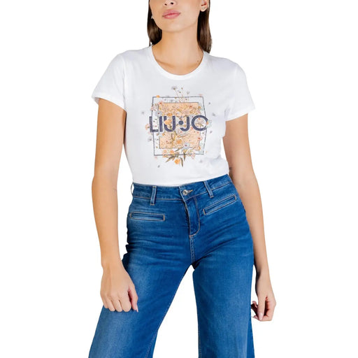 Liu Jo Weißes Damen-T-Shirt aus Baumwolle mit kurzen Ärmeln, Rundhalsausschnitt und quadratischem, floralem Liu-Jo-Logo auf der Vorderseite