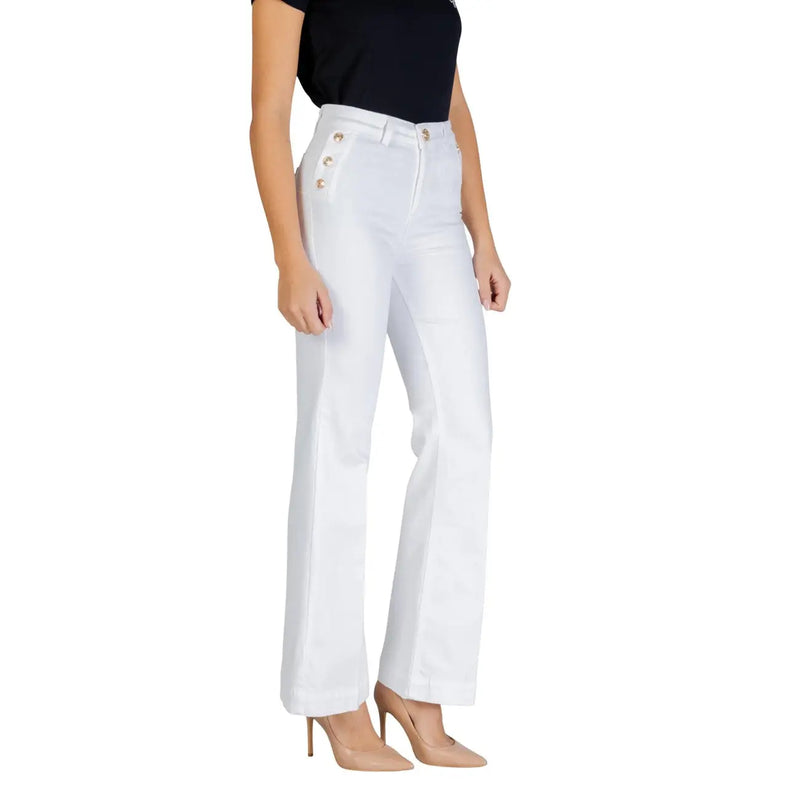 Weiße Damen-Baumwollhose von Liu Jo mit hohem Bund, goldfarbenen Knöpfen und geradem Bein, Modell ua6162 t456a