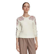 cremefarben Liu Jo Weißer Damenpullover aus Wollmischgewebe mit Blumenmuster und Knöpfen, verziert mit zarter rosa Blumenstickerei an Schultern und Ärmeln.