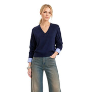 Marineblauer V-Ausschnitt-Pullover aus Wollmischung mit hellvioletten Bündchen von Liu Jo Kollektion weißer Damenknöpfe mit Blumenmuster