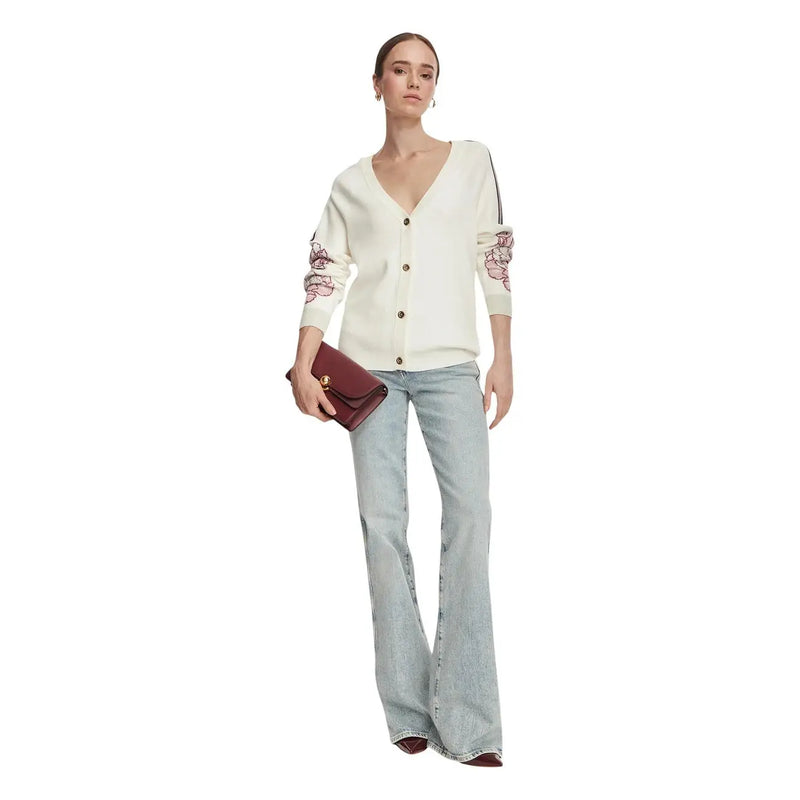 cremefarben Liu Jo Damen-Cardigan aus weißem Wollmischgewebe mit Blumenmuster, Knopfleiste und rosa Blumenstickerei an den Ärmeln