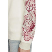 Liu Jo Weißer Damenpullover aus Wollmischung mit cremefarbenem Strickmuster, rosa- und bordeauxroter Blumenstickerei und Ärmelverzierungen