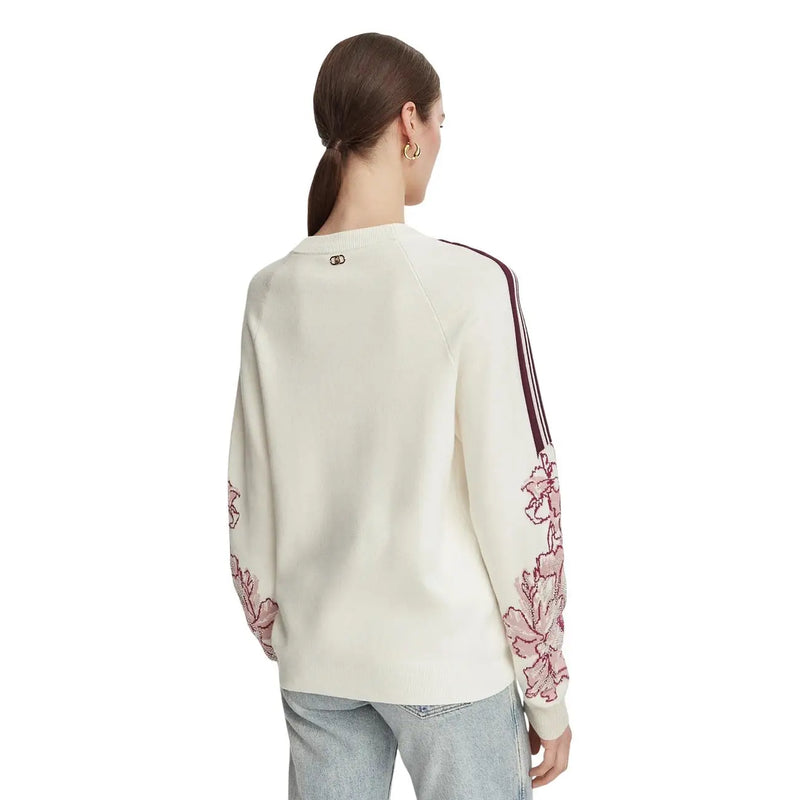 Liu Jo Damenpullover aus weißem Wollmischgewebe mit Knöpfen, cremefarben mit rosa Blumenstickerei und bordeauxroten Streifen an den Ärmeln