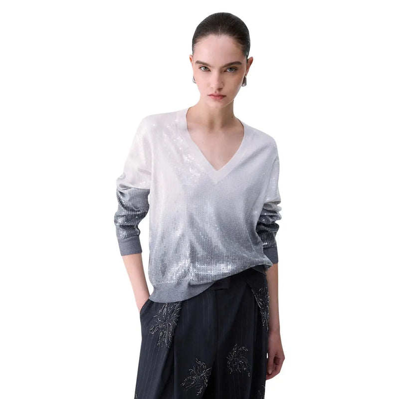 Liu Jo Weißer Damenpullover aus Wollmischgewebe mit Blumenmuster, Knöpfen, schimmerndem silbernen Paillettenbesatz am V-Ausschnitt und grauen Farbverlaufsärmeln