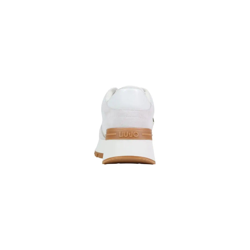 White leather Liu Jo women sneakers with tan rubber sole and heel tab featuring the brand name visible from the back