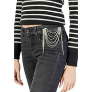 Liu jo women’s black fall winter jeans featuring a sparkling silver rhinestone chain belt on the front pocket area