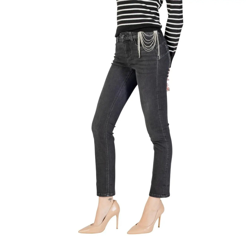 Liu Jo women’s black slim fit denim jeans with silver chain detailing at the waist for fall winter wear