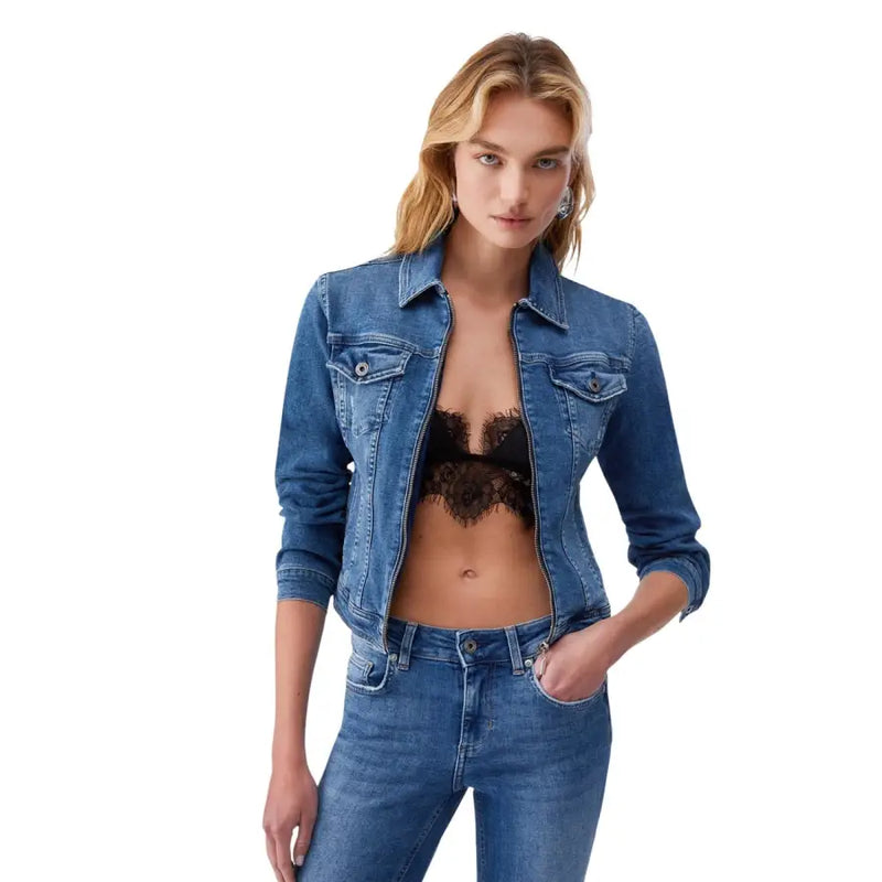 Liu Jo Damenblazer aus blauer Baumwolle mit Reißverschluss, Knopfleiste und Brusttaschen