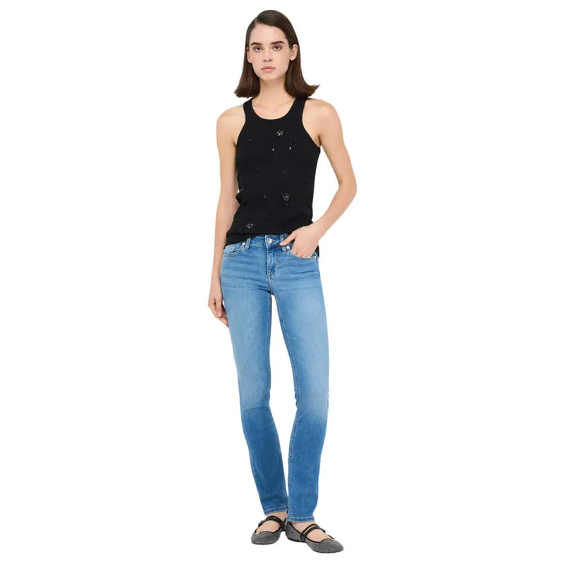 Liu jo women’s blue cotton blend jeans paired with a black sequined tank top featuring a fitted silhouette and embellishments