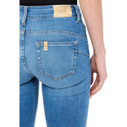 Back side of liu jo women’s blue cotton blend jeans with gold-tone brand patch on waistband and back pocket