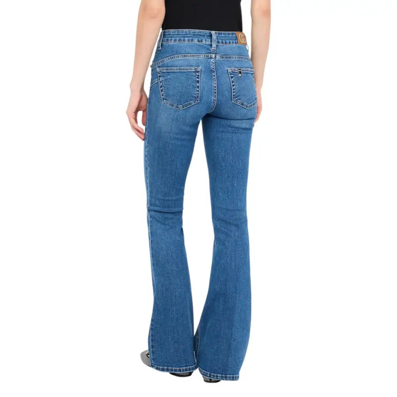 Liu Jo Damen-Jeans aus blauem Denim mit Schlag und braunem Lederpatch