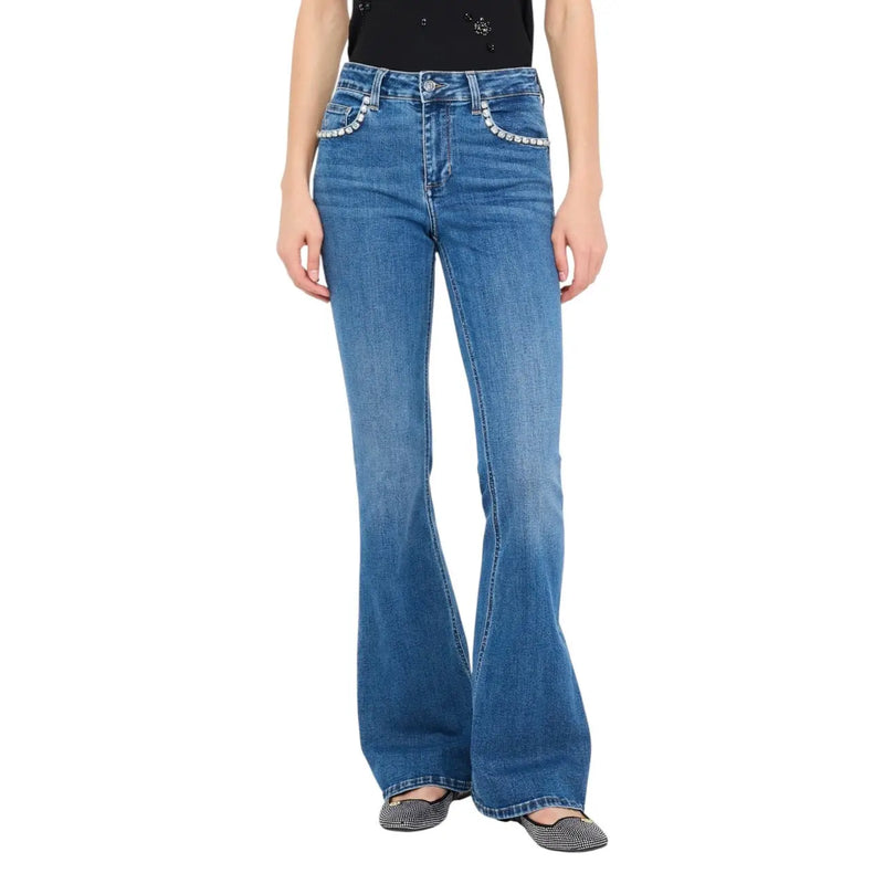 Liu Jo womens blue denim flare jeans with pearl pocket embellishments