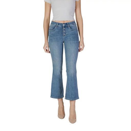 Liu jo women’s mid-waist light blue cotton blend denim flare jeans with button-front closure spring summer collection