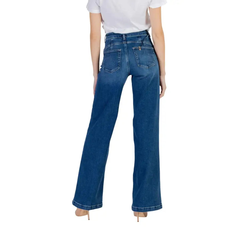 Liu Jo women’s blue cotton stretch jeans back view with high waist classic back pockets and flare design
