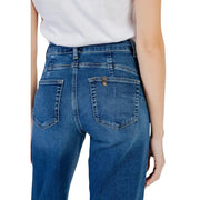 Blue denim liu jo womens cotton stretch jeans high waist back side with classic pockets and metallic brand tag