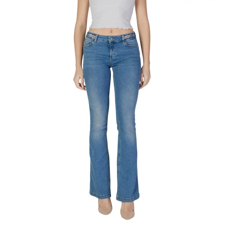 Liu Jo women’s blue denim flare jeans with decorative beaded belt loop detail from spring summer collection