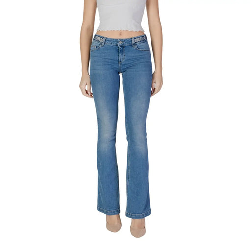 Liu Jo women’s blue denim flare jeans with decorative beaded belt loop detail from spring summer collection