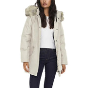Beige long-sleeved parka with faux fur-trimmed hood and zipper closure for women