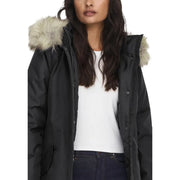 Long black hooded jacket for women with fur-lined hood, zipper, and automatic buttons